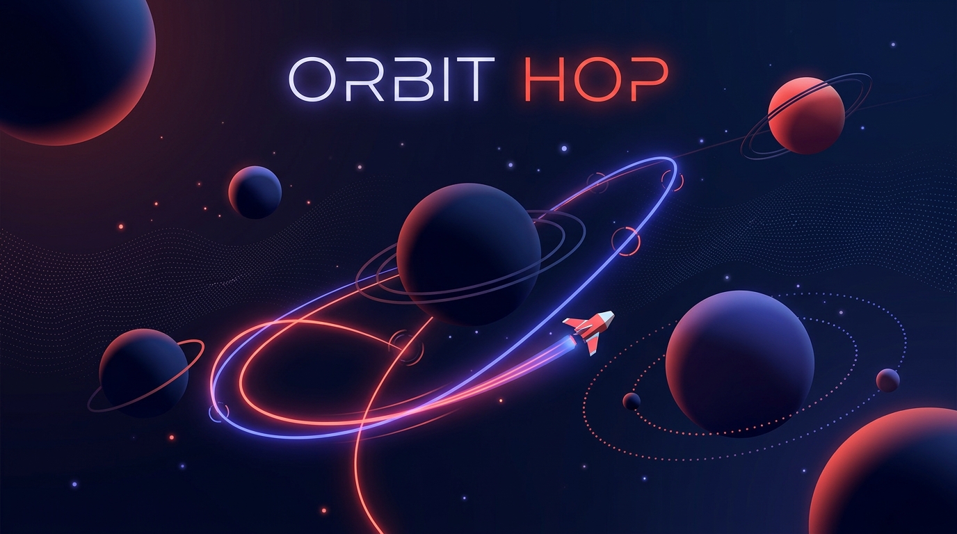 코발트와 주황빛 궤도가 행성 사이를 잇는 Orbit Hop 콘셉트 아트